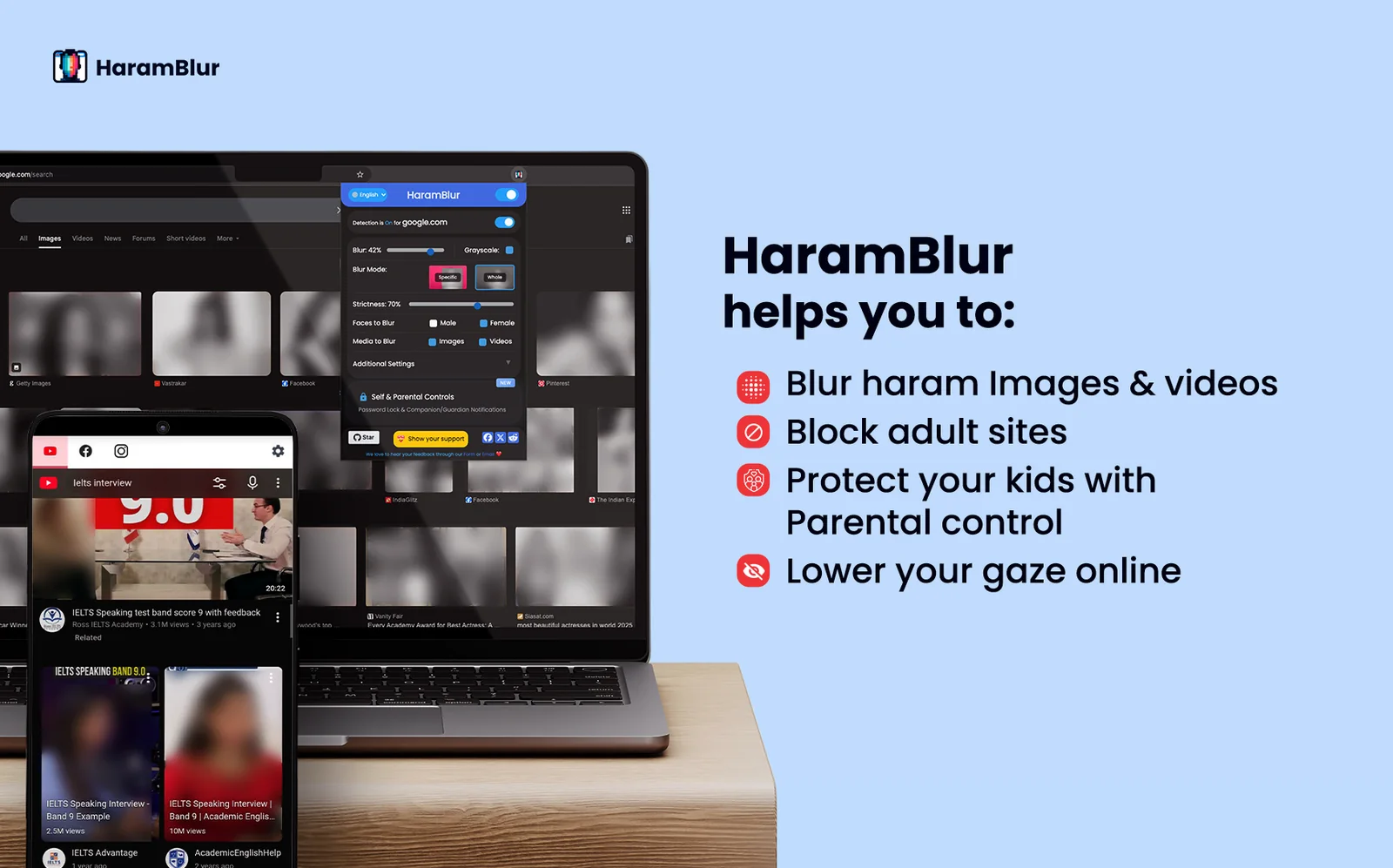 HaramBlur helps you blur haram images and videos, block adult sites, protect kids and lower your gaze (image 1 of 7)